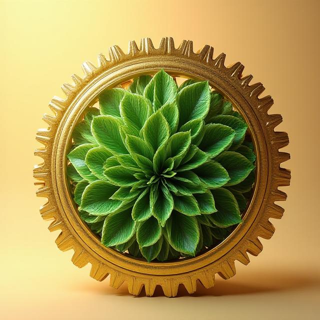 Creative 3D animation of a mechanical golden gear merging seamlessly into a vibrant green leaf