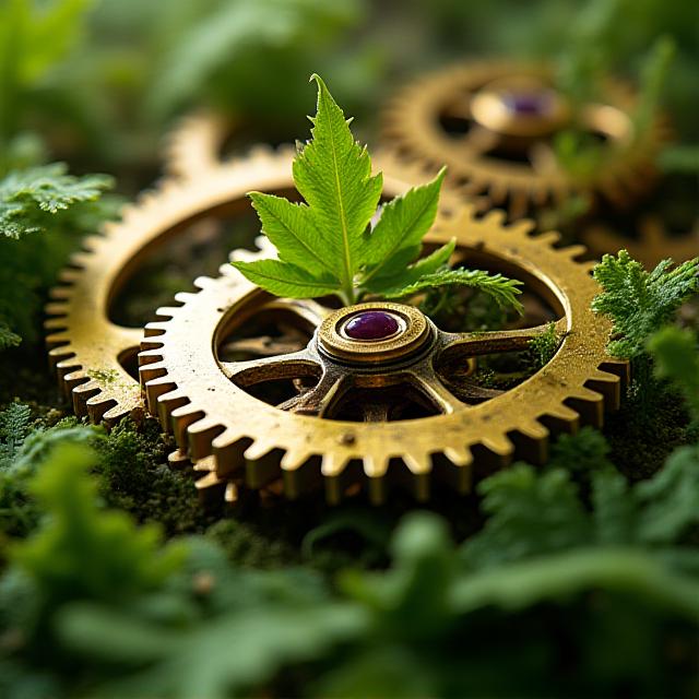 Abstract clockwork mechanism integrated with green leaves